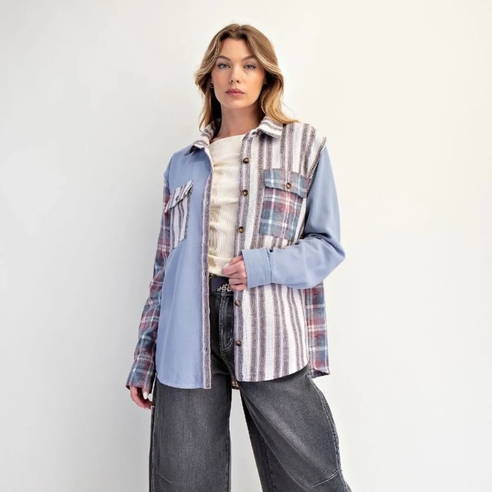 NEW EASEL PLAID AND STRIPED PATTERNS STAR PATCHWORK BUTTON DOWN SHAKET SMALL - Picture 4 of 8